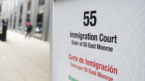 A sign that directs people to a building at 55 East Monroe in the Loop, where the Chicago immigration court is located, is seen in this photo, Wednesday, May 28, 2025. | Pat Nabong/Sun-Times