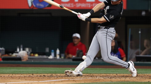 The White Sox' Colson Montgomery fouls a ball off his leg during the seventh inning of the game Monday at Texas.