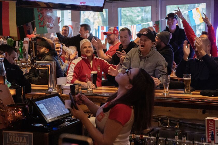 Fans react to Poland being awarded a free kick during the Mexico vs. Poland World Cup game at Playbook Sports Bar at 6913 N. Milwaukee Ave. in Niles. Tuesday, November 22, 2022.