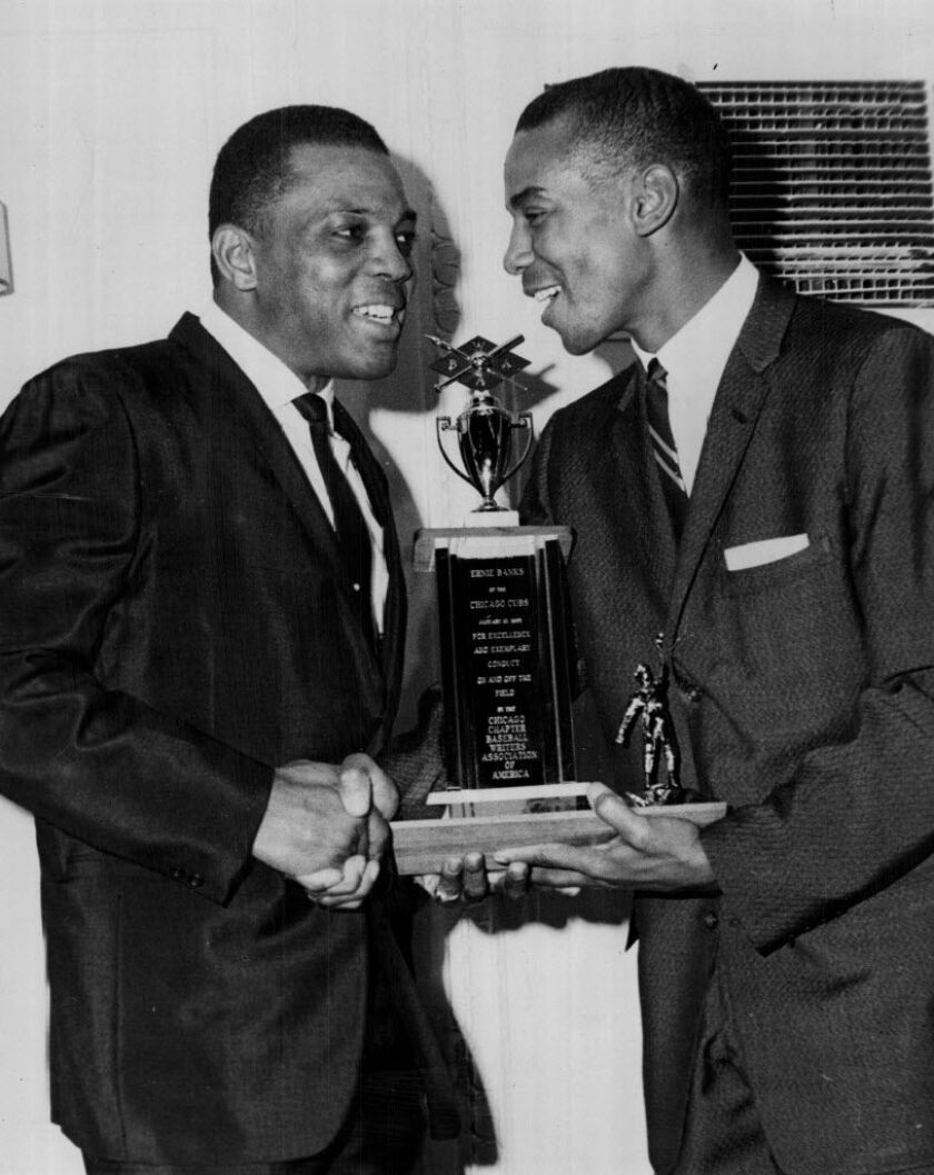 San Francisco’s Willie Mays (left) was in town to present the Ken Hubbs Memorial Award to the ever popular Ernie Banks in 1965. | Sun-Times library