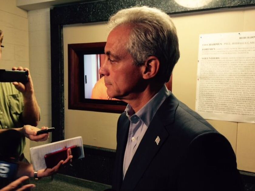 Mayor Rahm Emanuel speaks to reporters after his meeting with labor leaders. | Fran Spielman/Sun-Times Media