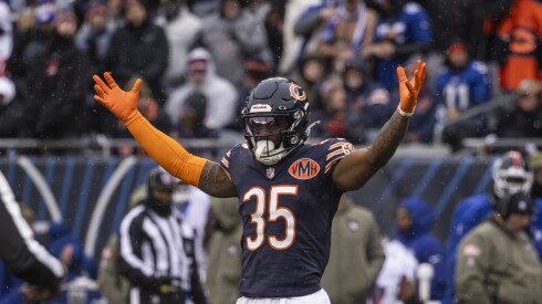 Chicago Bears safety C.J. Gardner-Johnson #35 tries to hype up the crowd during the fourth quarter against the New York Giants at Soldier Field, Sunday, Nov. 9, 2025.