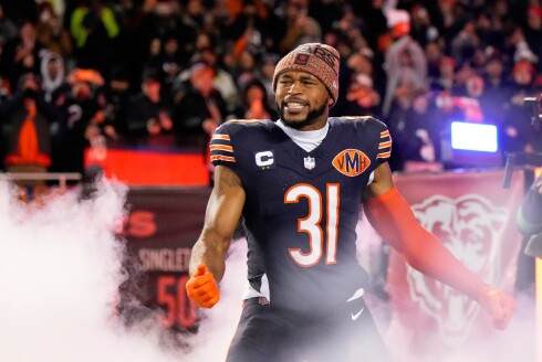 The Bears' Kevin Byard III is introduced before an NFL wild-card playoff game against the Green Bay Packers on Saturday, Jan. 10, 2026, at Soldier Field.