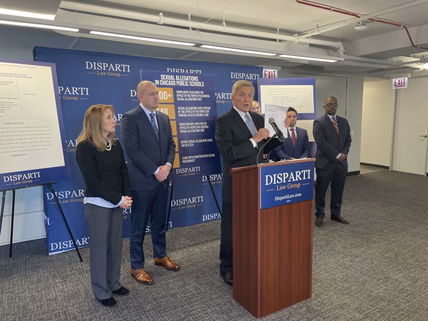 Attorney Bob Fioretti speaks Tuesday at a news conference on a lawsuit filed by the parents of three boys against Andrew Castro and Chicago Public Schools.