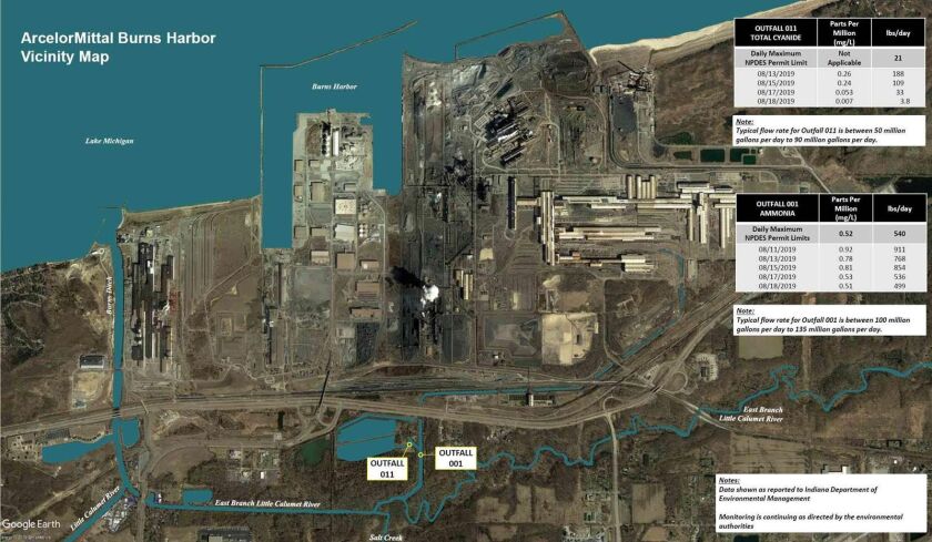 An overhead map of the ArcelorMittal steel plant in Portage shows where the company tested levels of cyanide and ammonia in the east branch of the Little Calumet River.