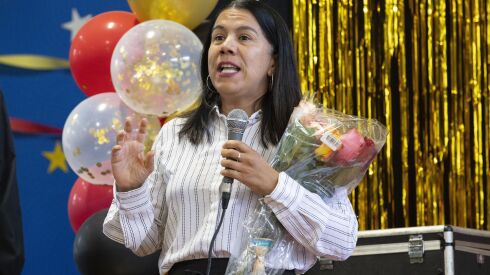 Maya Solis, the Chicago Park District’s south region director, speaks at a senior citizens event at Calumet Park fieldhouse on Sept. 7, 2023.