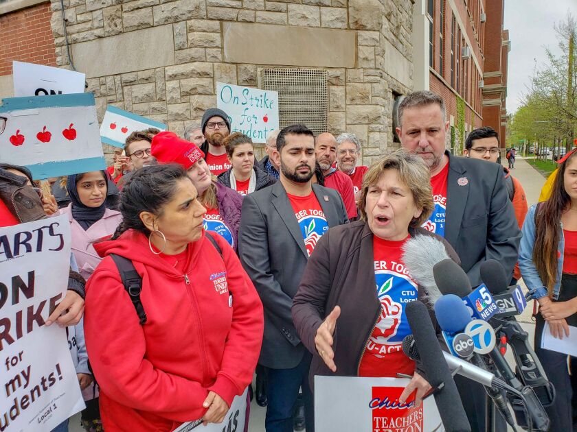 American Federation of Teachers President Randi Weingarten speaks to reporters at a CTU rally. | Nader Issa/Sun-Times