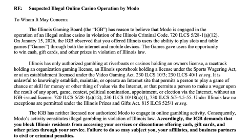 The "cease and desist" letter sent earlier this year to Modo by the Illinois Gaming Board.