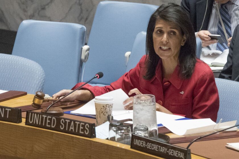 United States’ Ambassador United Nations and current Security Council President Nikki Haley opens a Security Council meeting on the situation in Syria on Friday at United Nations headquarters in New York. | Mary Altaffer/Associated Press