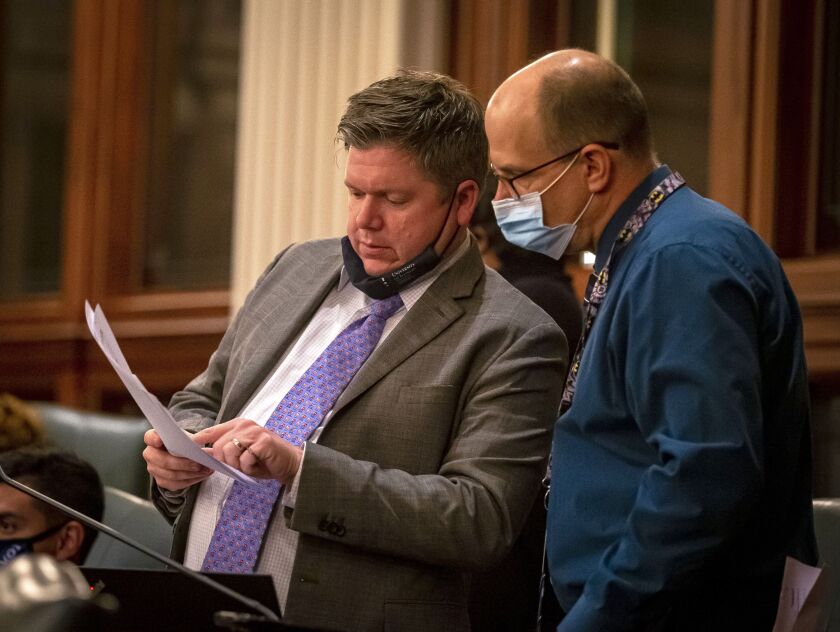 State Rep. Michael Zalewski, D-Riverside (left), pictured in Springfield during the spring legislative session.