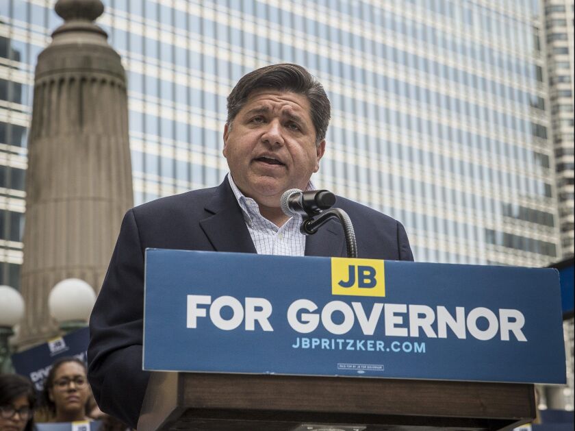 Democratic gubernatorial candidate JB Pritzker delivered a speech at a site along the Chicago River that put the Trump International Hotel<br>Tower in the background; Pritzker tried to tie President Donald Trump to incumbent Republican Gov. Bruce Rauner o