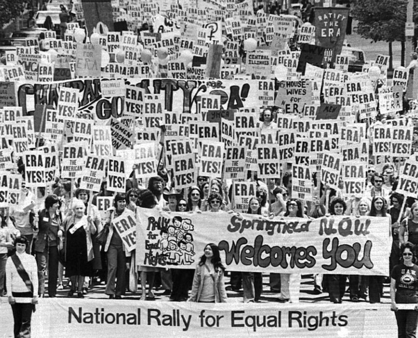 An estimated 10,000 marchers descend on the Capitol building in Springfield, Ill to demonstrate for the passage of the Equal Rights Amendment, May 16, 1976. (AP Photo/File)