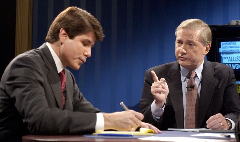 Republican gubernatorial candidate Jim Ryan, right, and Democratic gubernatorial candidate Rod Blagojevich, left, debate in 2002. File Photo.