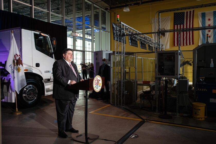 Gov. J.B. Pritzker speaks at MxD in the Goose Island neighborhood, Friday morning.