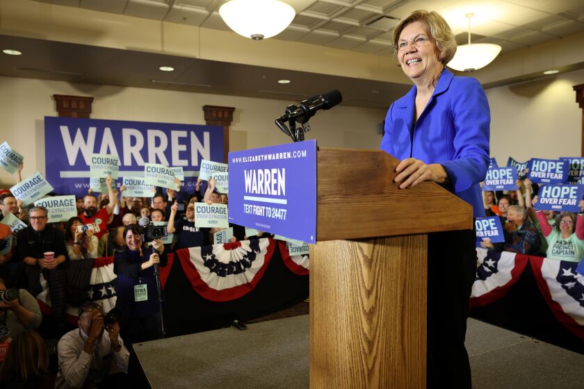 Democratic presidential candidate Sen. Elizabeth Warren (D-MA) addresses supporters during her caucus night watch party.