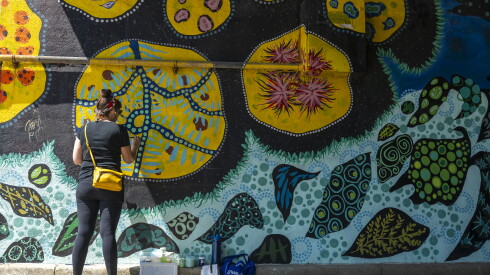 Muralist Renee Robbins paints over some graffiti on her 2017 mural titled “A Kaleidoscope of Hidden Worlds” under the Fullerton and DuSable Lake Shore Drive viaduct, Tuesday, July 7, 2026.