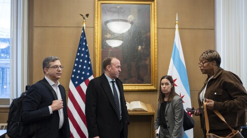 Ald. Scott Waguespack (32nd), Ald. Brendan Reilly (42nd), Ald. Samantha Nugent (39th) and Ald. Pat Dowell (3rd) speak after a City Council meeting in the Loop, Friday, Dec. 19, 2025.