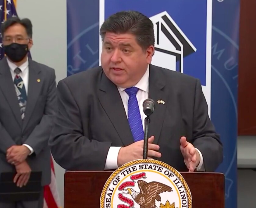 Gov. J.B. Pritzker speaks at Heartland Community College in Normal, Illinois, on Wednesday.