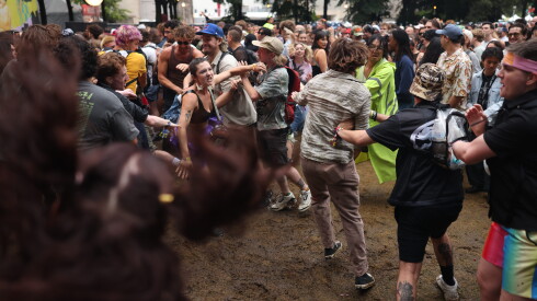 Die Spitz fans do circle pits near the Airbnb stage on Day 3 of Lollapalooza in Grant Park.