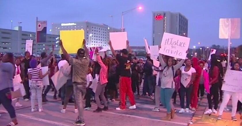 Protesters who claim there was foul play in Kenneka Jenkins’ death march down River Road near the Crowne Plaza hotel in Rosemont on Wednesday night. | Network Video Productions
