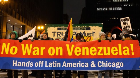 Protesters march from Federal Plaza to denounce the U.S. military’s removal of Venezuelan leader Nicolás Maduro and his wife, Saturday, Jan. 03, 2026. | Candace Dane Chambers/Sun-Times.