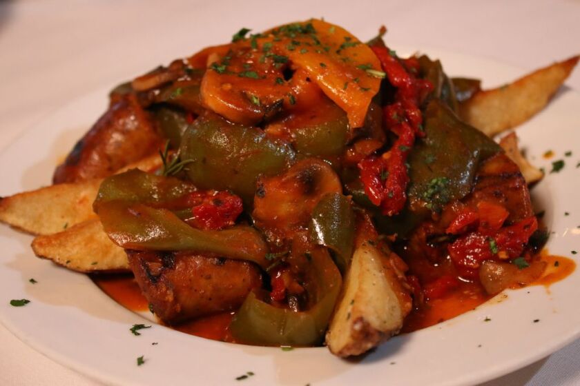 The Ciambotta, served at Frankie’s Ristorante, is grilled sausage, roasted sweet peppers, mushrooms, and Vesuvio potatoes served in a white wine garlic sauce. 