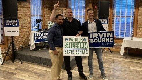Republican gubernatorial candidate Richard Irvin, left, poses with Chicago Fraternal Order of Police President John Catanzara, center, and state Senate candidate Patrick Sheehan.