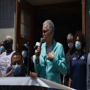 Cook County Board President Toni Preckwinkle joins protesters during the West Side interfaith peace march on June 12, 2020. Protesters stopped at sites that Dr. Martin Luther King Jr. visited.