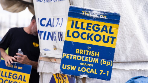 United Steelworkers Local 7-1 members picket outside the British Petroleum oil refinery in Whiting, Indiana in July 2026.