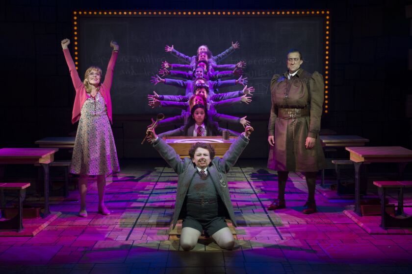 Jennifer Blood (far left), David Abeles (far right) and the child performers of “Matilda The Musical.” (Photo: Joan Marcus)