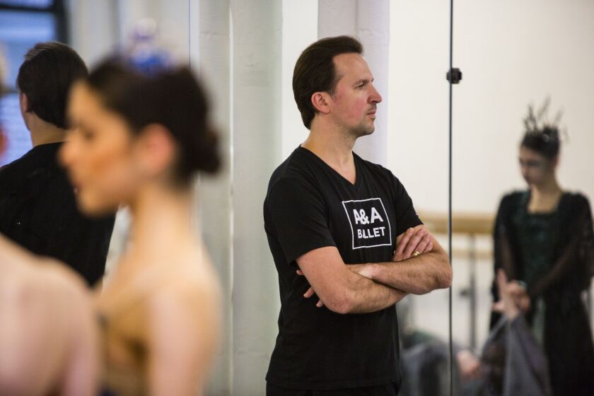 Choreographer Alexei Kremnev works with the A&A Ballet Company during a rehearsal of “Sleeping Beauty,” Tuesday, April 16, 2019. | James Foster/For the Sun-Times