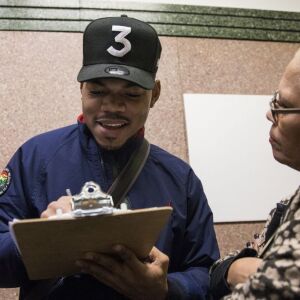 Chance The Rapper votes in the Chicago municipal election at the Loop Super Site, 175 W. Washington St., Tuesday afternoon, Feb. 26, 2019. | Ashlee Rezin/Sun-Times