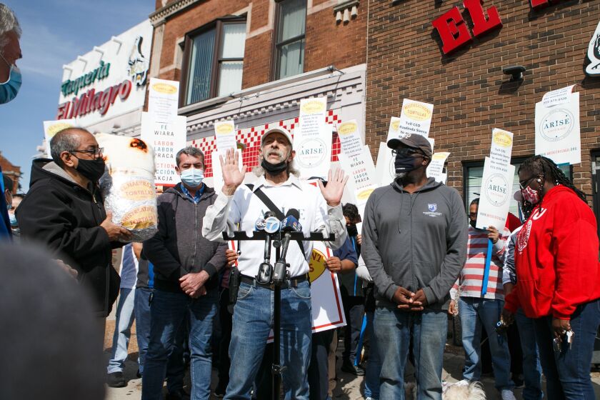 Jorge Mujica, low-income and immigrant worker organizer for ARISE, speaks outside Tortilleria El Milagro in Little Village, Friday morning, Sept. 24, 2021. Jorge Mujica, Strategic Campaigns Organizer for Arise, considered the company’s response on Friday a “victory,” but noted El Milagro still has an obligation to meet with a workers’ committee.