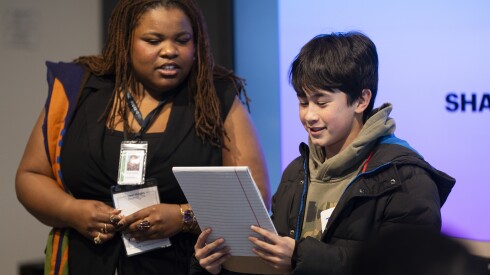 Lachrisa Grandberry, actress, writer and the Goodman Theatre’s New Stages resident playwright, acts out a script written by Thuan Dinh (right) during “Teen Studio: the Writer’s Room,” a teen playwriting workshop, at the Goodman Theatre in the Loop, Saturday, Jan. 17, 2026.
