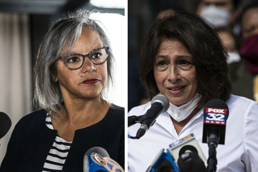 U.S. Rep. Robin Kelly, left, speaks to reporters on Tuesday; State Rep. Lisa Hernandez, right, speaks during a news conference in 2020.