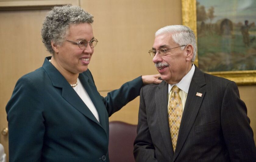 Then Cook County Board President-elect Toni Preckwinkle congratulates newly-elected County Assesor Joe Berrios the morning after their victories in 2010.