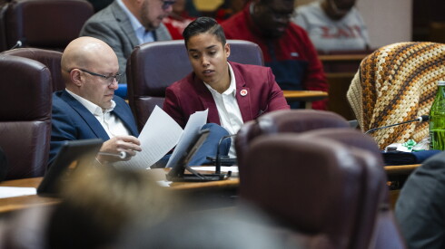 Ald. Jessie Fuentes (26th) speaks to Ald. Mike Rodriguez (22nd) during a City Council meeting in the Loop, Friday, Dec. 19, 2025.