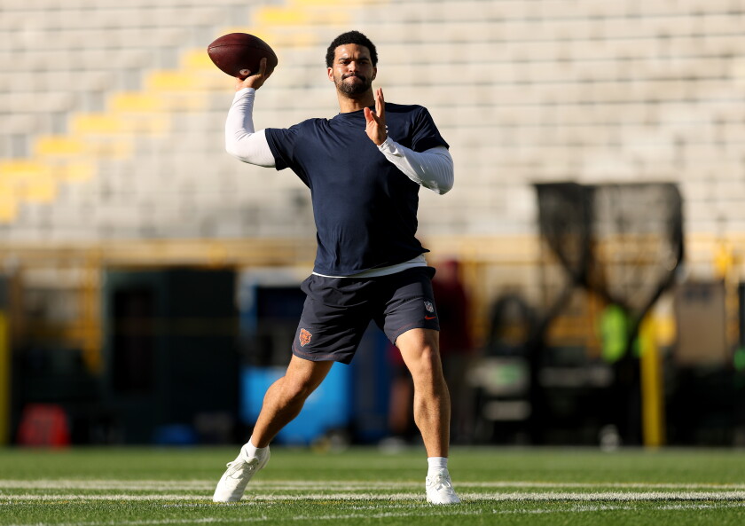 Bears quarterback Caleb Williams warms up prior to the game against the Green Bay Packers at Lambeau Field on Oct. 11, 2026, in Green Bay, Wisconsin.