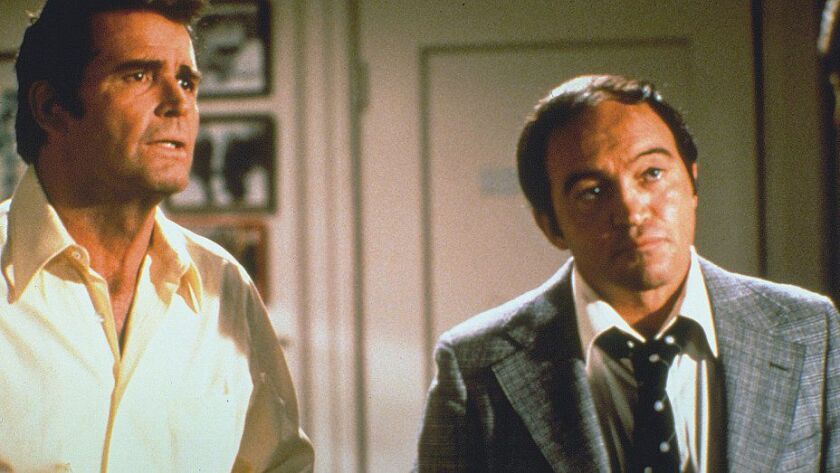 Joe Santos, right, with James Garner on “The Rockford Files.” NBC photo