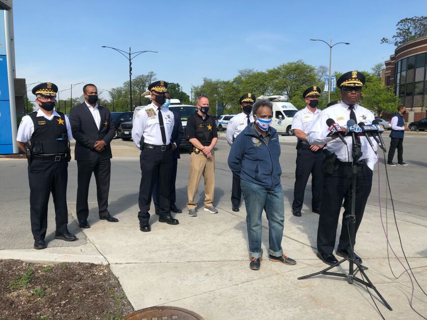 Chicago police Supt. David Brown and Mayor Lightfoot speak to reporters outside Mt. Sinai Hospital after two officers were shot May 16, 2021, in Lawndale.