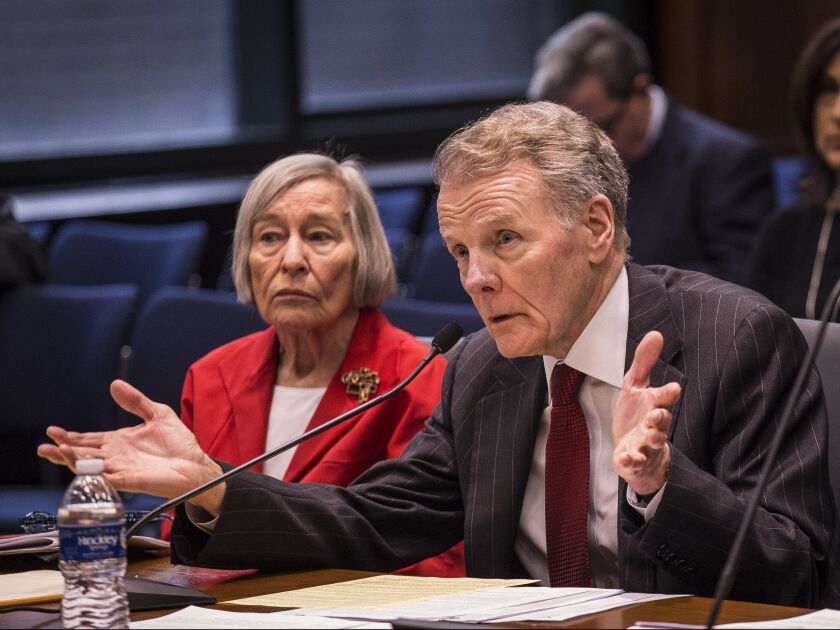 House Speaker Michael Madigan, with House Majority Leader Barbara Flynn Currie, at a committee hearing in 2017 on a sexual harassment bill.