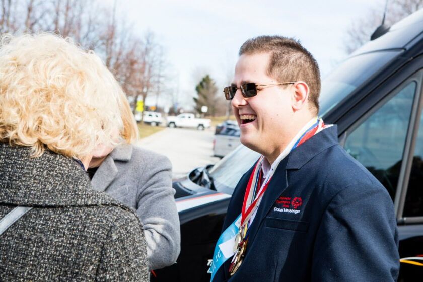 Special Olympics Athlete Eric Baumann attends a groundbreaking ceremony at Soldier Field on Friday, March 2, 2018, for a monument called “Eternal Flame of Hope,” which commemorates the first Special Olympics Games, held in Chicago in 1968. | James Foster/