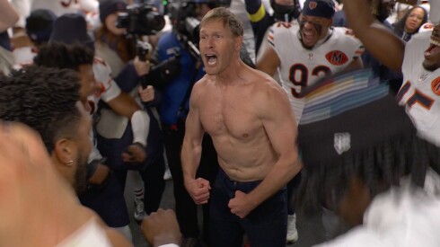 Bears coach Ben Johnson celebrates shirtless after Friday’s win over the Philadelphia Eagles, triggering a free hot dog day Tuesday at The Wiener’s Circle in Lincoln Park.