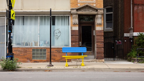 A handmade bench sits at the North Damen Avenue and West Thomas Street bus stop in Ukrainian Village.