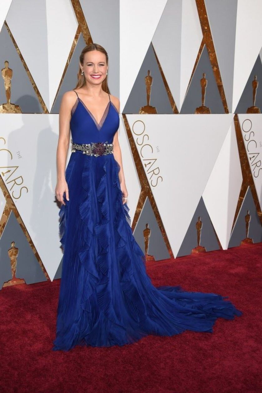 Oscar-nominated Brie Larson wears a lapis blue Gucci gown to the Oscars Sunday night. Larson went on to win the best actress award for her role in “Room.” | Photo by Ethan Miller/Getty Images