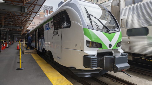 The front of a new battery-powered train Metra plans to put in service.