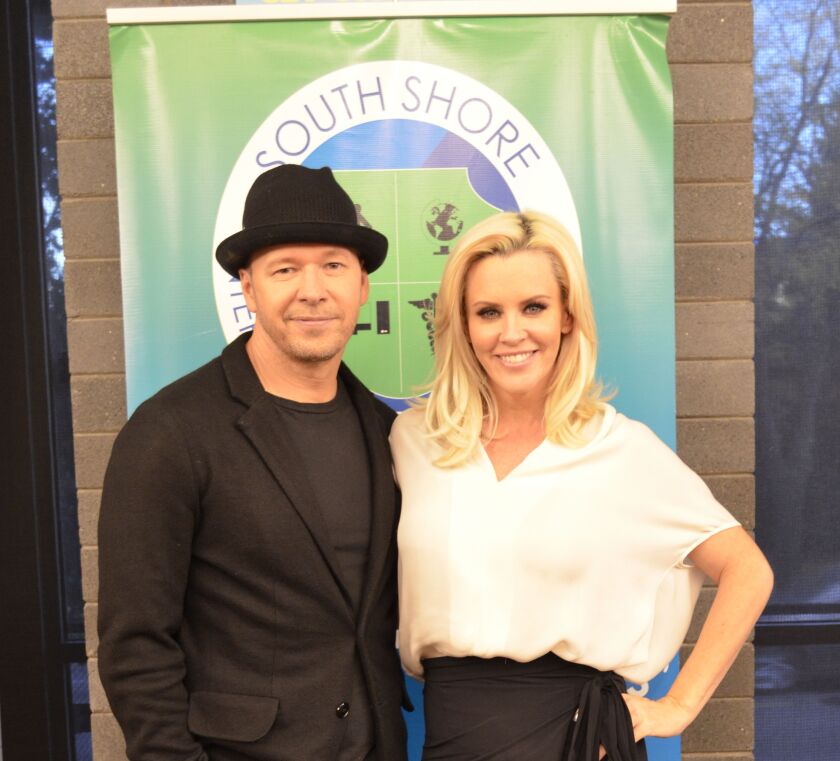 Donnie Wahlberg and Jenny McCarthy at South Shore International College Prep High School. | Jessica Wenck / Sun-Times