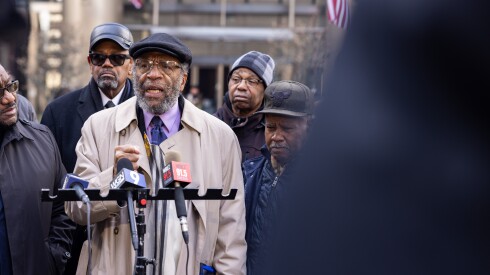 Rev. Walter McCray of. The Greater Union Baptist Church on the West Side speaks at a press conference outside the Trump Tower building in the Loop, Monday, Jan. 05, 2026. He’s gathered with fellow local clergy to condemn recent property tax increases in their West and South Side neighborhoods.
