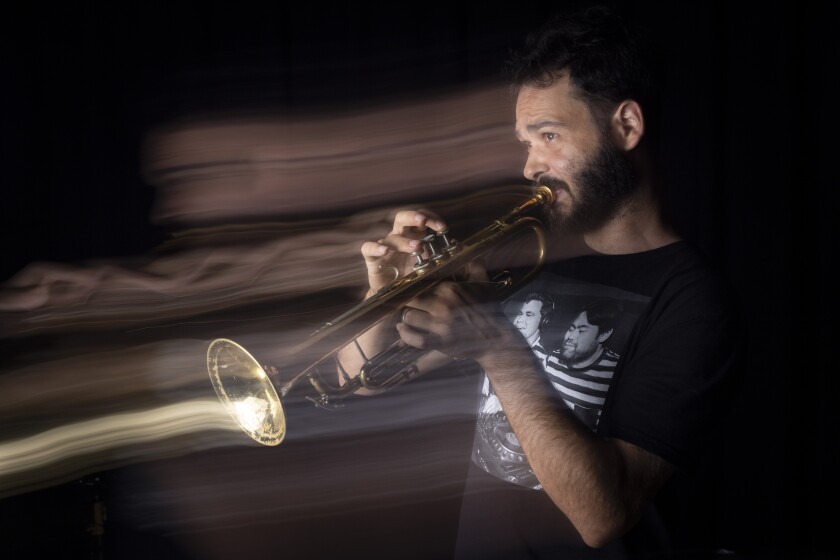 Trumpeter Nico Segal performs in the Chicago Public Media studio leading up to the 10-year anniversary show of his album, "Surf," Saturday, Oct. 11, 2025. | Manuel Martinez/WBEZ