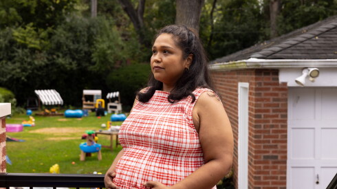 Eleanor Grano stands on the back porch of her Riverside home on Sept. 15, 2026. Grano has spent nearly her entire pregnancy trying to access doula benefits.